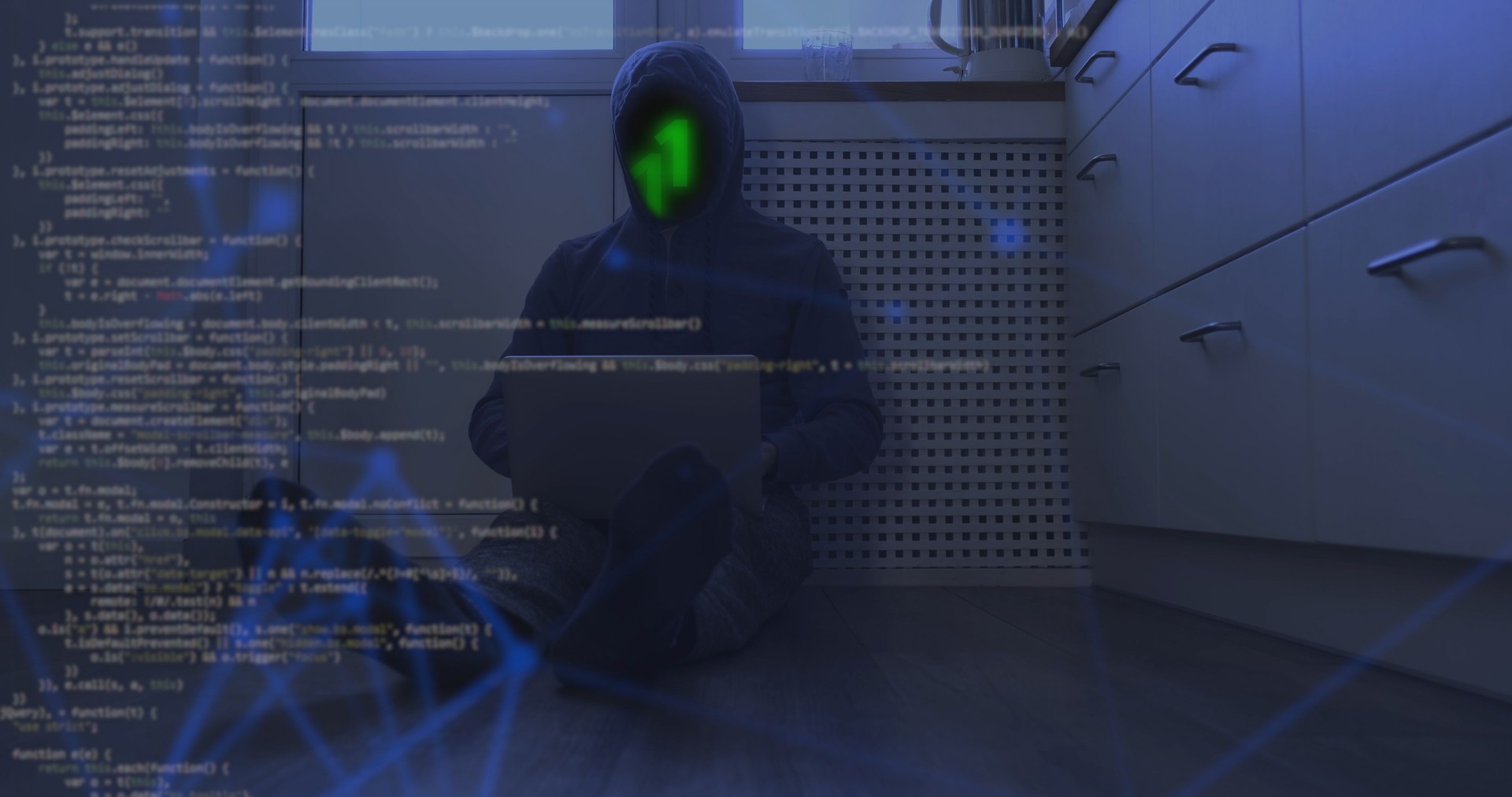 Hooded unrecognizable hacker and cyber criminal working on laptop, programming bugs and viruses for computers. Computer network hacker tamper with code programs to steal user data